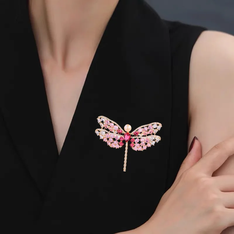 Luxe Micro-inlaid Zircon Dragonfly Brooches for Women Creative Elegant Freshwater Pearl Coat Accessories Pins Gifts to Friends