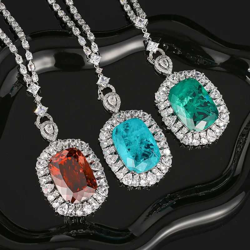Cushion Cut Multicolor Imitation Tourmaline Pendant Necklace Women Double Halo Zircon Chain Luxury Banquet Jewelry
