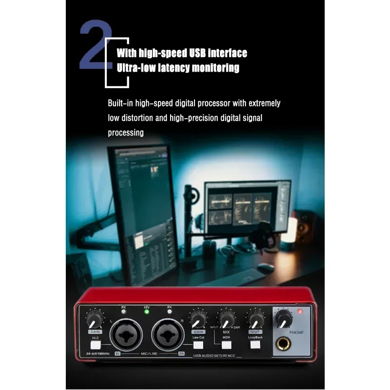 

Audio Interface for Recording Portable Professional Sound Card with Loopback Monitor 48V Phantom for Audio Equipment Guitar New