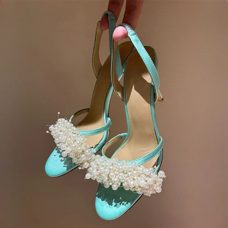 Thin High-Heeled Satin Sandals Women Open Toe String Bead Decor Ankle Strap Slingback Sandalias Ladies Summer Party Dress Shoes