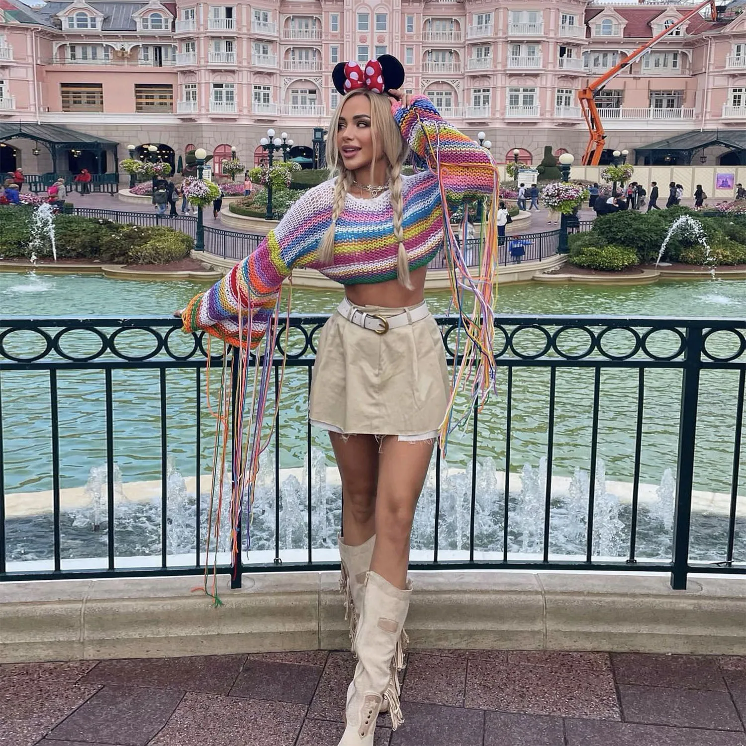 

Knitted Crochet Tassel Women Crop Sweater 2023 Summer Holiday Beach Cover Ups Rainbow Color Y2K High Streetwear Fitness Outfits