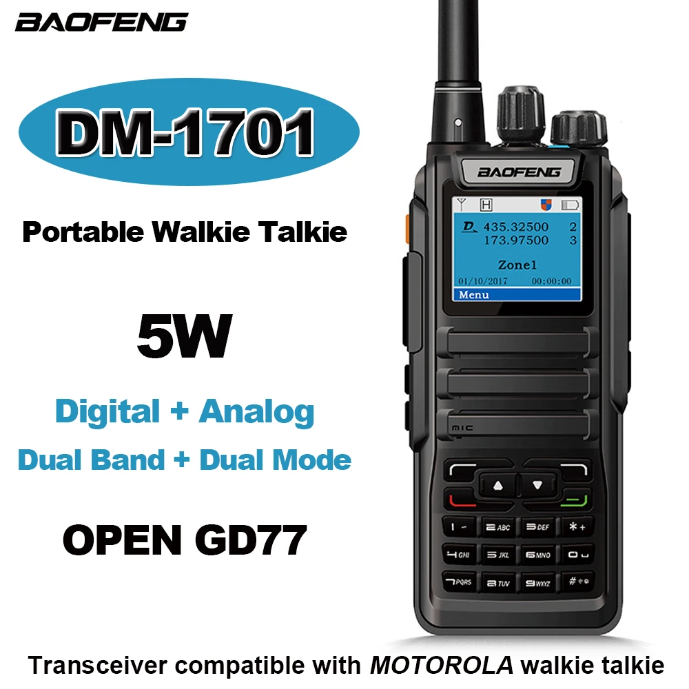 BAOFENG Walkie Talkie DM-1701 DMR Dual Mode Analog and Digital Two Way Radios Tier 1&2 Dual-Time Slot DM1701 Ham Radio Dual-Band