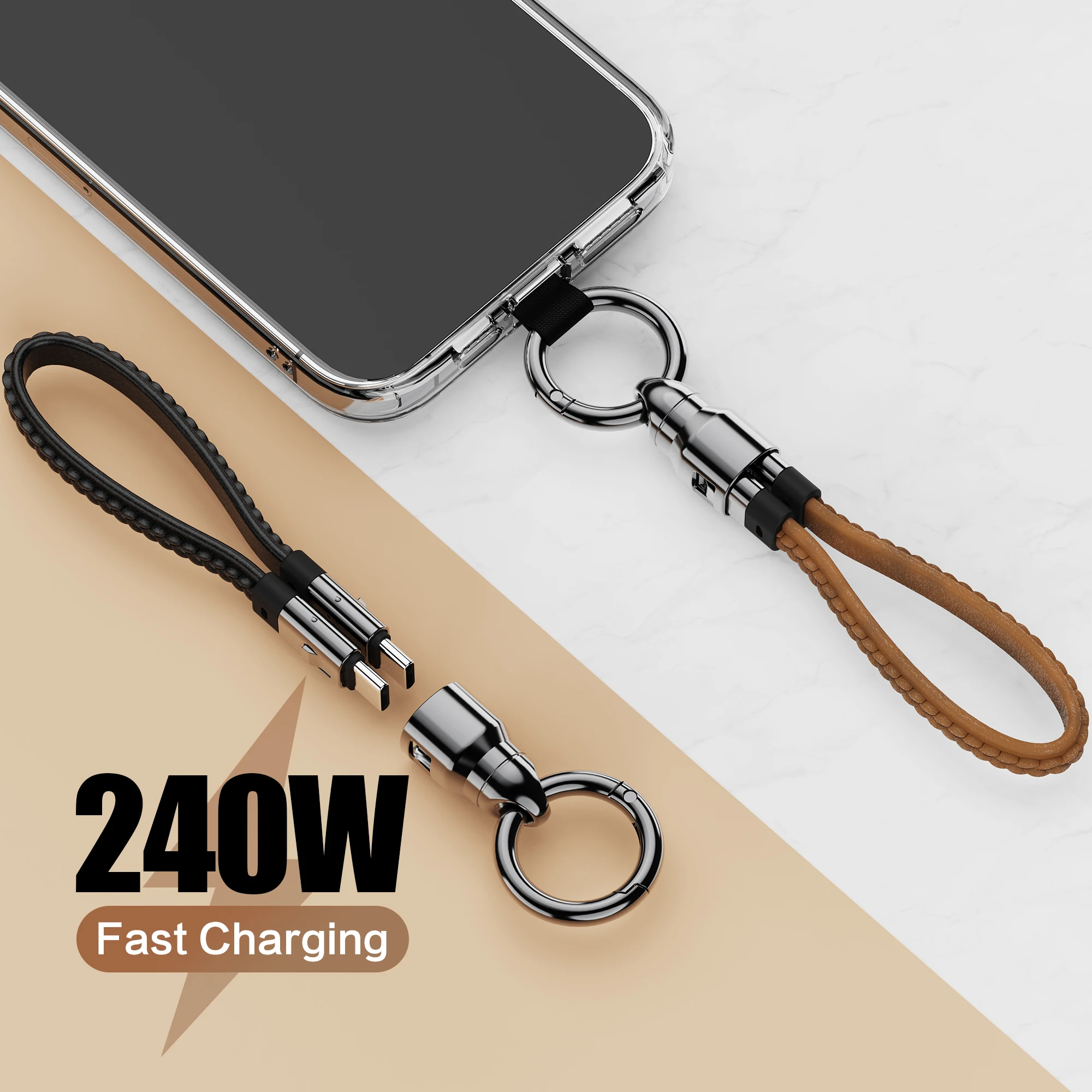 2 in 1 240W Fast Charging Cable Genuine Leather Lanyard Data Cable for iOS Android Charger Cord Computer Power Cable