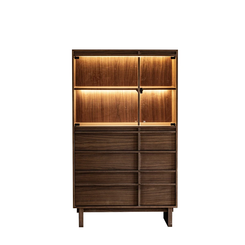 

Medieval solid wood dining side cabinet, black walnut glass cabinet, living room display cabinet with drawers