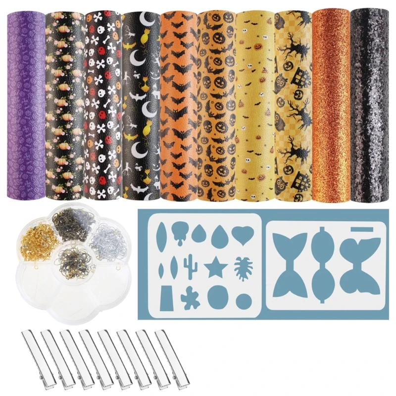 

Halloween Leather Earring Making Kits 10 Styles Faux Leather Sheets Hairpin Bow Cut Templates for Earrings Making Crafts