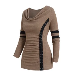 2024 New Womens Christmas Sweater Cowl Neck Colorblock Panel Knit Top Lace Up Long Sleeve Casual Knitted Tops