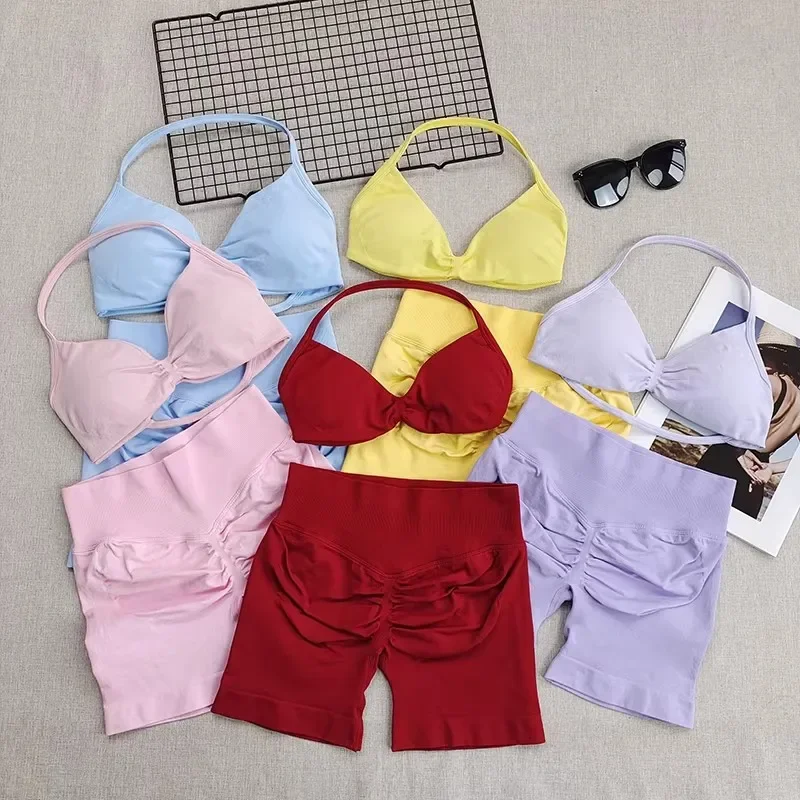 Seamless Halter Neck Yoga Wear Two Piece Women's Push up Sports Bra High Waist Tummy Control Butt Lift Fitness Shorts Set