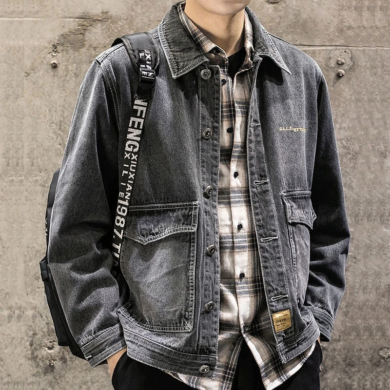 

Male Jean Coats with Pockets Casual Korean Popular Clothes Designer New in Trendy of Fabric Low Cost Cargo Men's Denim Jacket