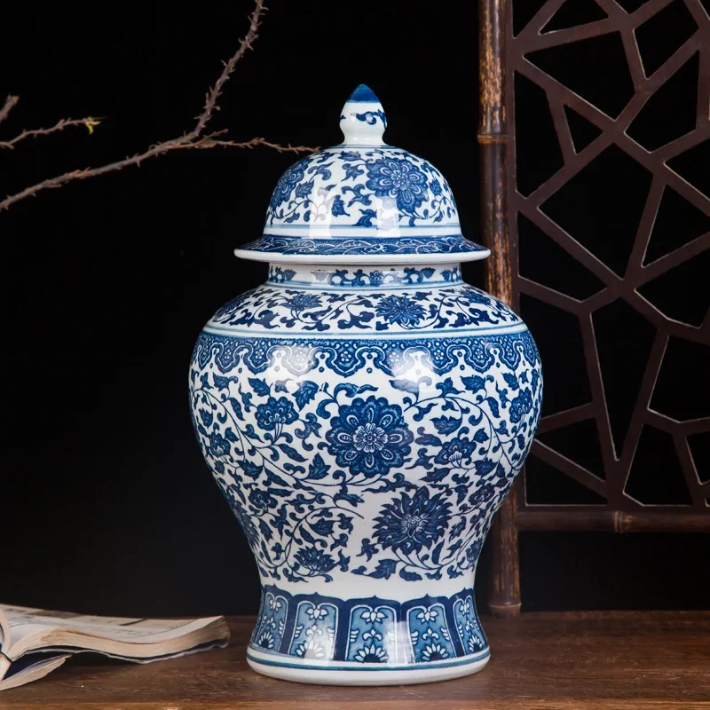 

Chinese Blue and White Ceramic Ginger Jar with Lid, Temple Jars for Tabletop Decoration Flower, Oriental Home Decor, Porcelain