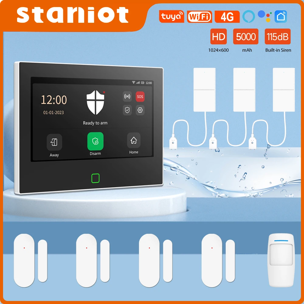 Staniot The Best Alarm System Home Wireless Security Burglar Kit 7 inch WiFi 4G Tuya Smart Panel with Water Leakage Detector