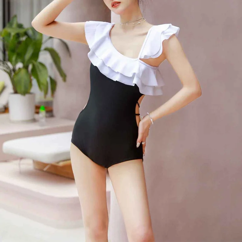 2023 New Summer Fashion Diagonal Collar Ruffles Open Waist Open Back Pure Hot Spring Beach Sexy One-piece Swimsuit Plus Skirt