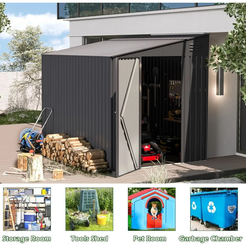 Shed Lean to Storage Shed, Outdoor 6' x 8' Metal Wall Side Bike Shed & Outdoor Storage, Garden Storage Cabinet for Backayrd