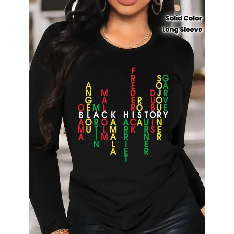 Womens Black History Month Graphic Tee Colorful Letter Print Long Sleeve Casual Shirts
