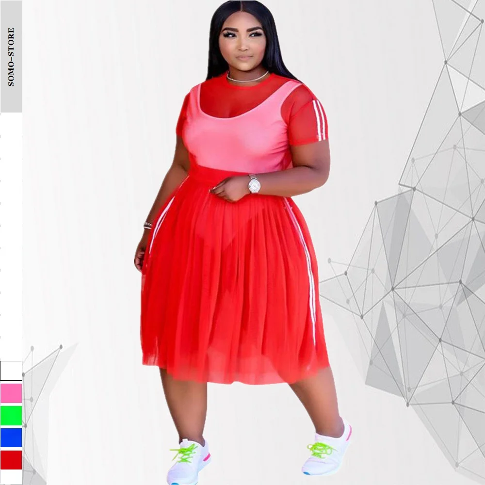 Sexy Outfits Fashion See Through Short Sleeve Top Mesh Midi Skirt Plus Size Women Two Piece Suit 4xl 5xl Wholesale Dropshipping