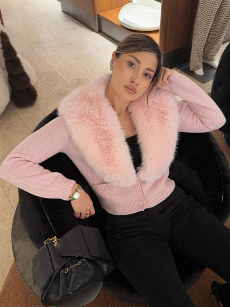 

Элегантная высококачественная блузка с воротником из искусственного меха розового цвета, стильная и удобная, с длинными рукавами, на одной пуговице, новый женский свитер
