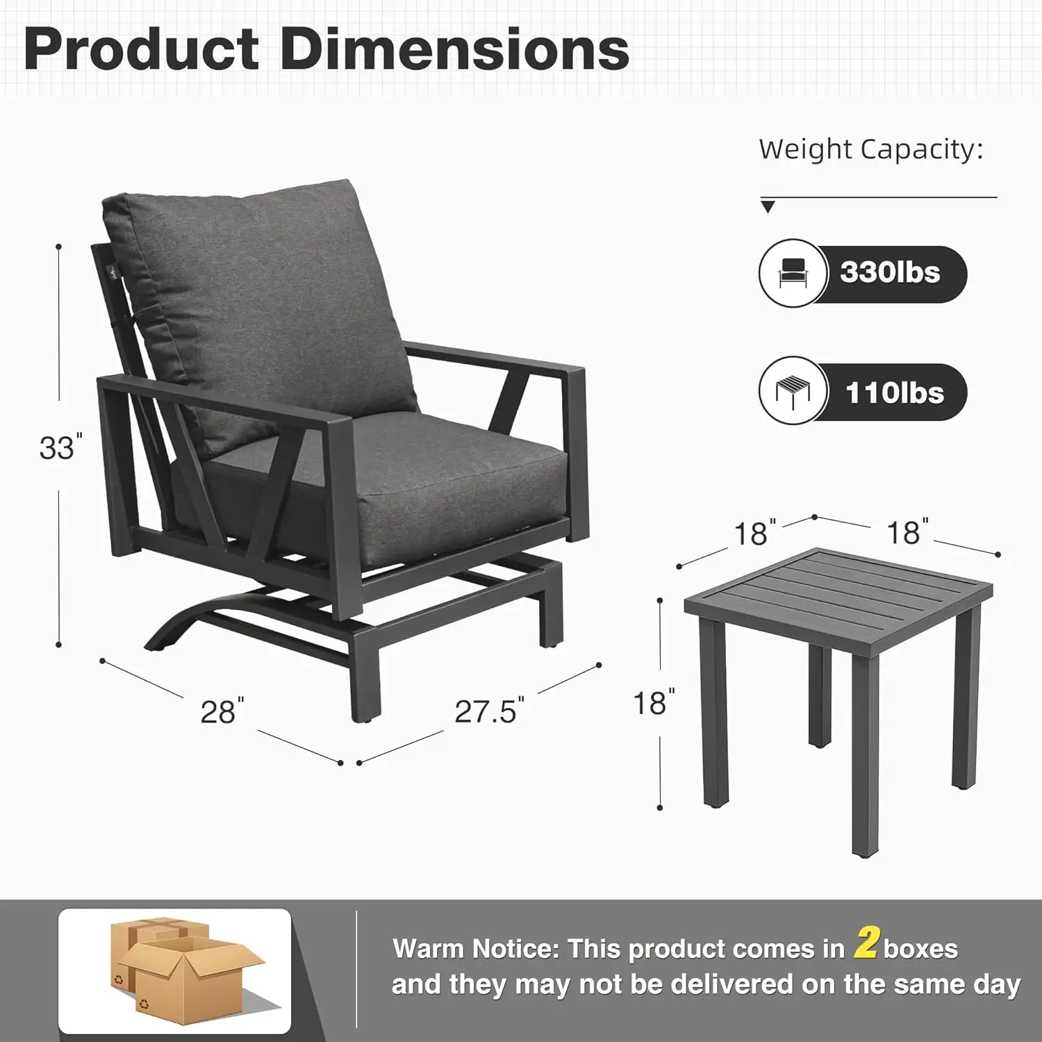 Outdoor Patio Porch Furniture Set 3 Pieces Patio Bistro Conversation Set with Coffee Table Metal Patio Motion Rocker Chairs Grey