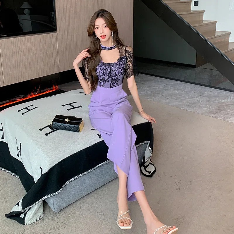 2023 Summer Women Fashion New Lace Panel Hollow out Slim Jumpsuit Pants Sexy Hole Skinny Long Pants Overalls Female