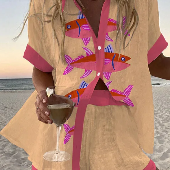 

2025 New Summer Women's Beach Vacation Boho Style Casual Print Long Sleeve 2-Piece Set Wide Legs Pants Party Set For Women