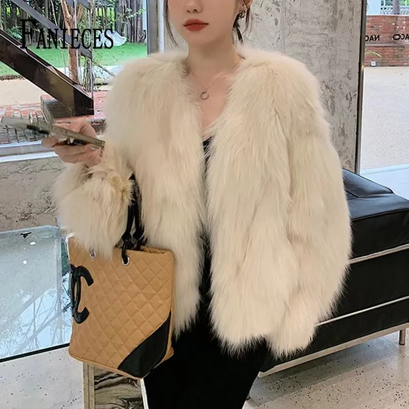 Faux Fur Coat Women Fluffy Jacket Luxury Brand Short Outerwear Winter Warm Thick Jacket Long Sleeve Korean Chic Women\'s Clothing