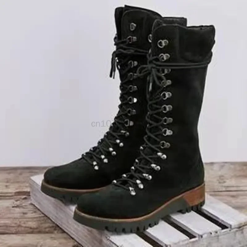 Nouvelles femmes rétro genou bottes hautes plate-forme antidérapante à lacets femmes chaussures hiver longue couleur unie Martin bottes Vintage chevalier bottes