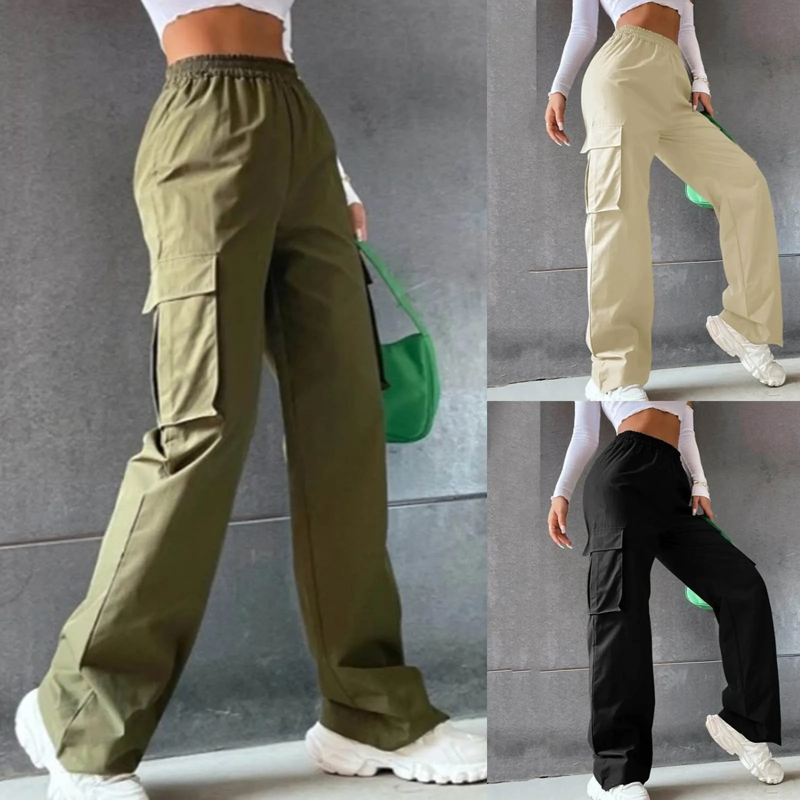 Army Green Cargo Pants For Women\'S High Waiste Wide Leg Trousers Big Pocket Workout Streetwear Casual Jogging Outfits Joggers