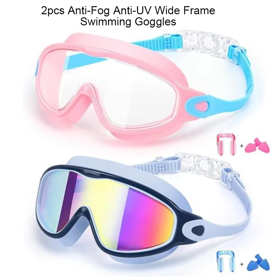 

2 Pack Anti-Fog Anti-UV Swimming Goggles HD Diving Goggles with Earplugs Anti Choking Women Men Large Frame Silicone Swim Ggles