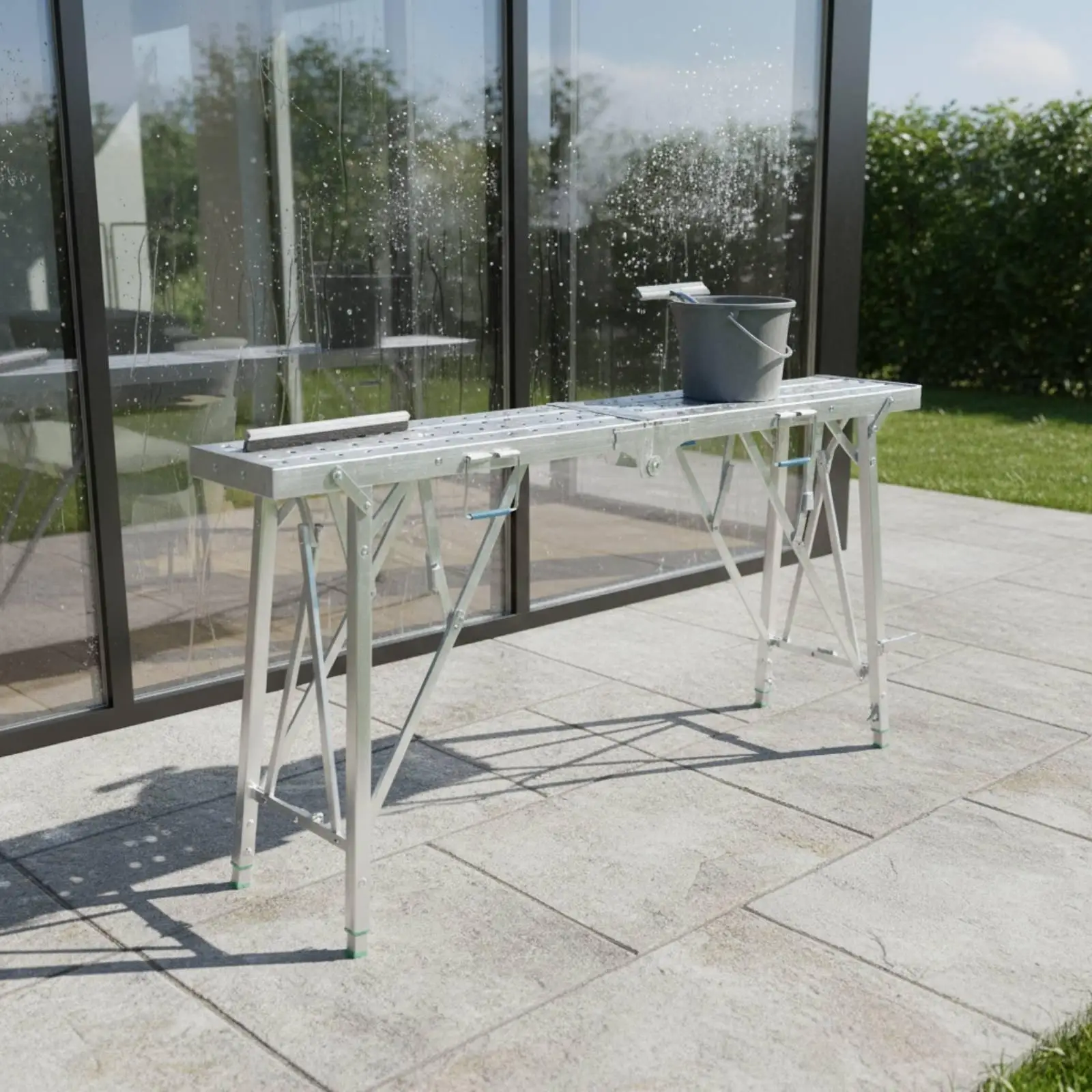 Space Saving Metal Folding Sawhorse Bench with Telescopic Legs for Custom Working Level on Demanding Workshop and Jobsite Tasks