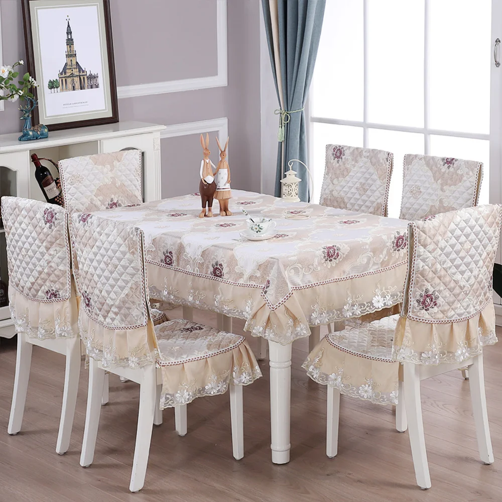 High quality European Linen Dining Table cloth set Decor 1PCS Lace Tablecloth Round ectangle 6PCS Chair Cover Bundle sale GT6