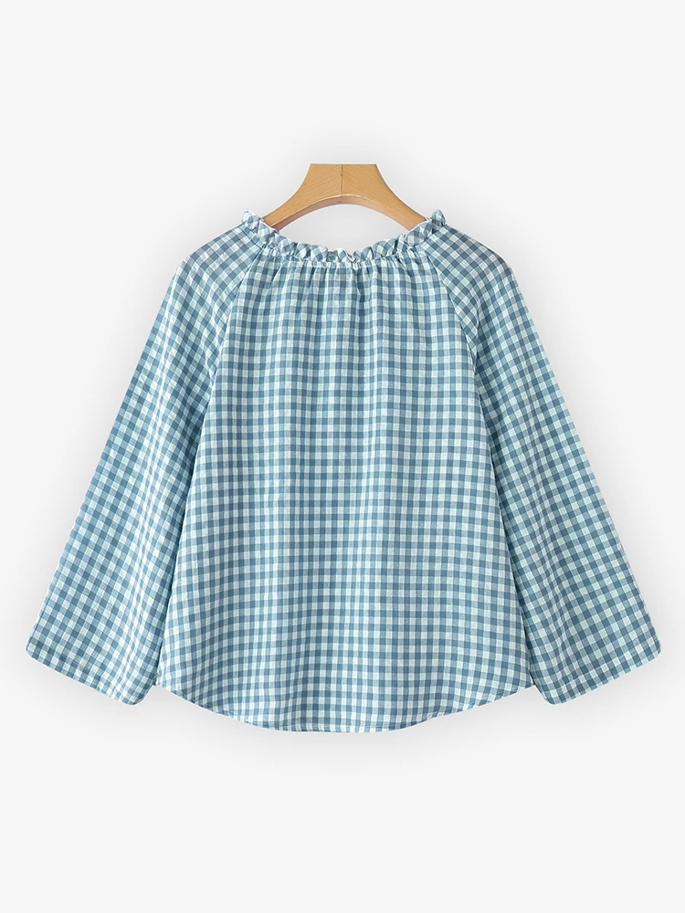 ZANZEA Vintage Women's Fashion Blouse Plaid Shirts Round Neck 3/4 Sleeve Casual Tops Autumn Print Famale Clothing Korean Blusas