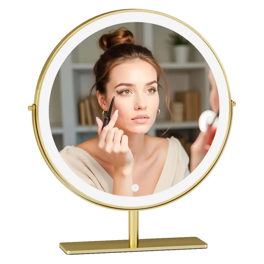 Espejo de maquillaje con soporte, espejo de tocador redondo 15,8, luces LED, rotación Smart Touch 360, regulable blanco dorado