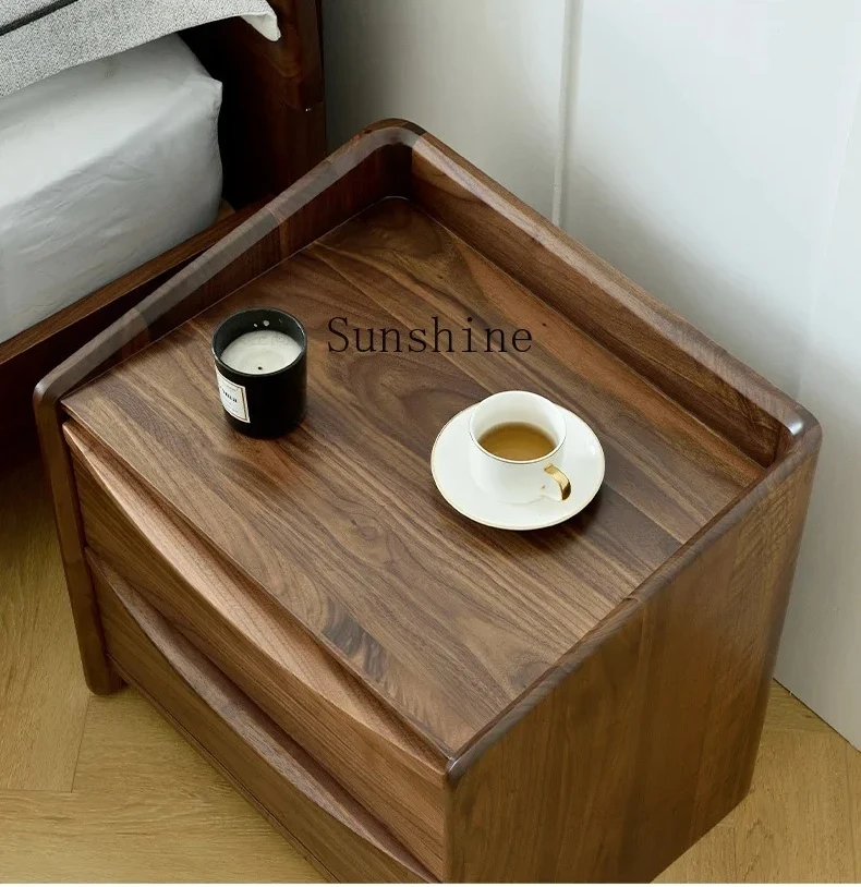 

North American black walnut bedside table all solid wood double drawer storage bedroom home FT