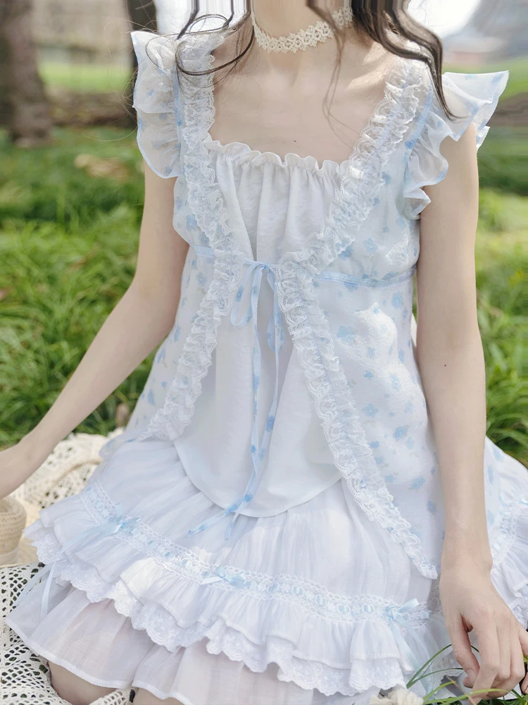 Minifaldas japonesas de dos piezas para mujer, Top estampado de malla de encaje sin mangas con cuello cuadrado, cintura alta elástica, corte en A