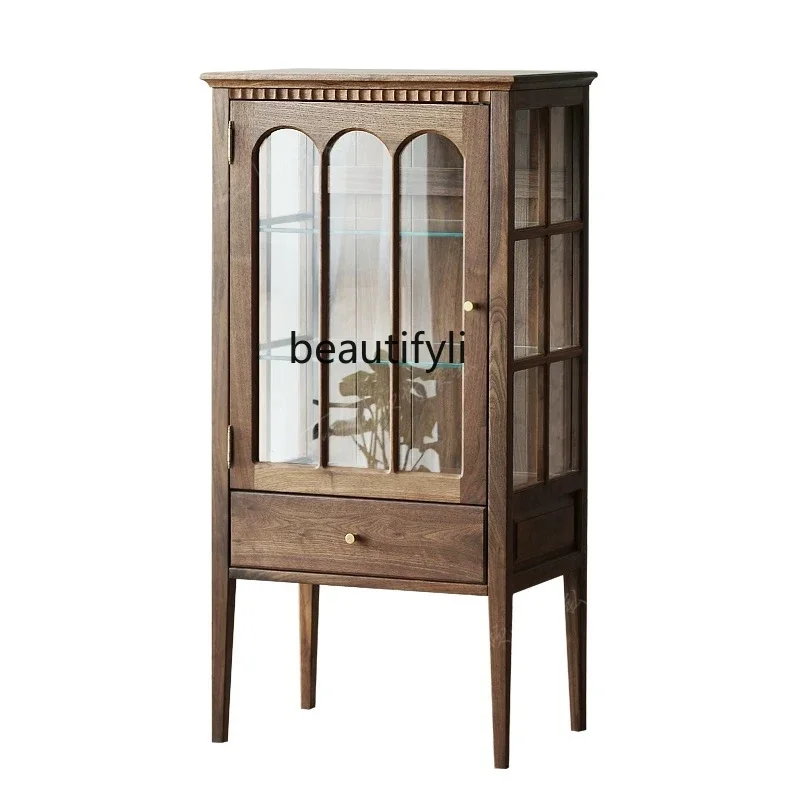 

Living Room Retro Display Cabinet Made of Glass Oak Solid Wood Side Cabinet Small Apartment Locker Bedroom Storage Cabinet