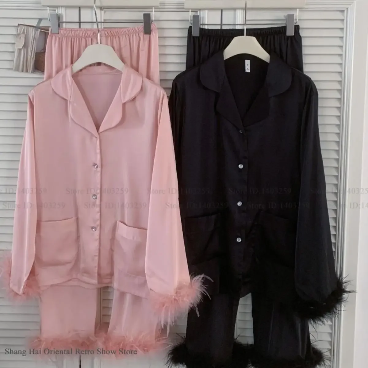 الفاخرة طويلة الأكمام ريشة منامة 2 قطعة ملابس خاصة مريحة الحرير الساتان ملابس النوم منامة دعوى فضفاضة ملابس منزلية غير رسمية المتسكعون