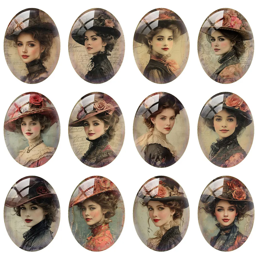 10pcs/lot Elegant Woman Flower Hat Oval Photo Glass Cabochon Flatback Demo Flat Back Cameo For Diy Jewelry Making Supplies