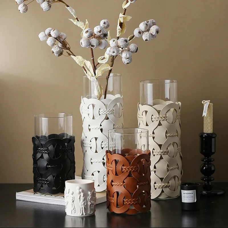 AhunderJiaz Leichte, luxuriöse, handgefertigte Vase aus gewebtem Leder, moderne gerade Vase, Desktop-Dekoration, künstlerische Ornamente, Heimdekoration