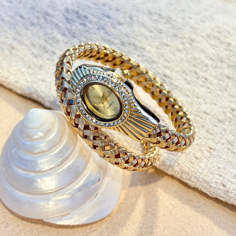 Snake Head Embellished Women's Watch with Hollow-Out Woven Steel Bracelet & Sparkling Crystal Accents