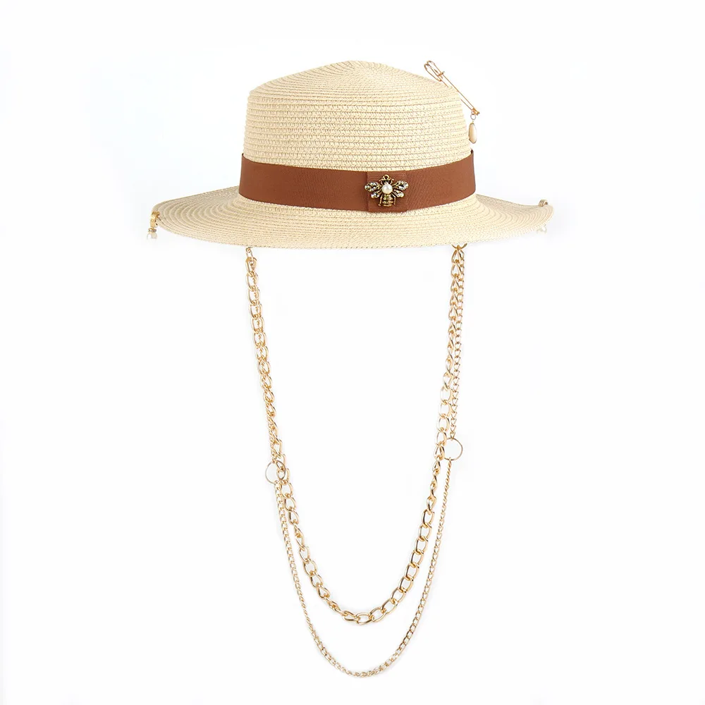 Trendy Chain Design Sun Hat for Women, Fashion Beach Vacation Cap, Elegant Straw Hat for Street Photo Outfit