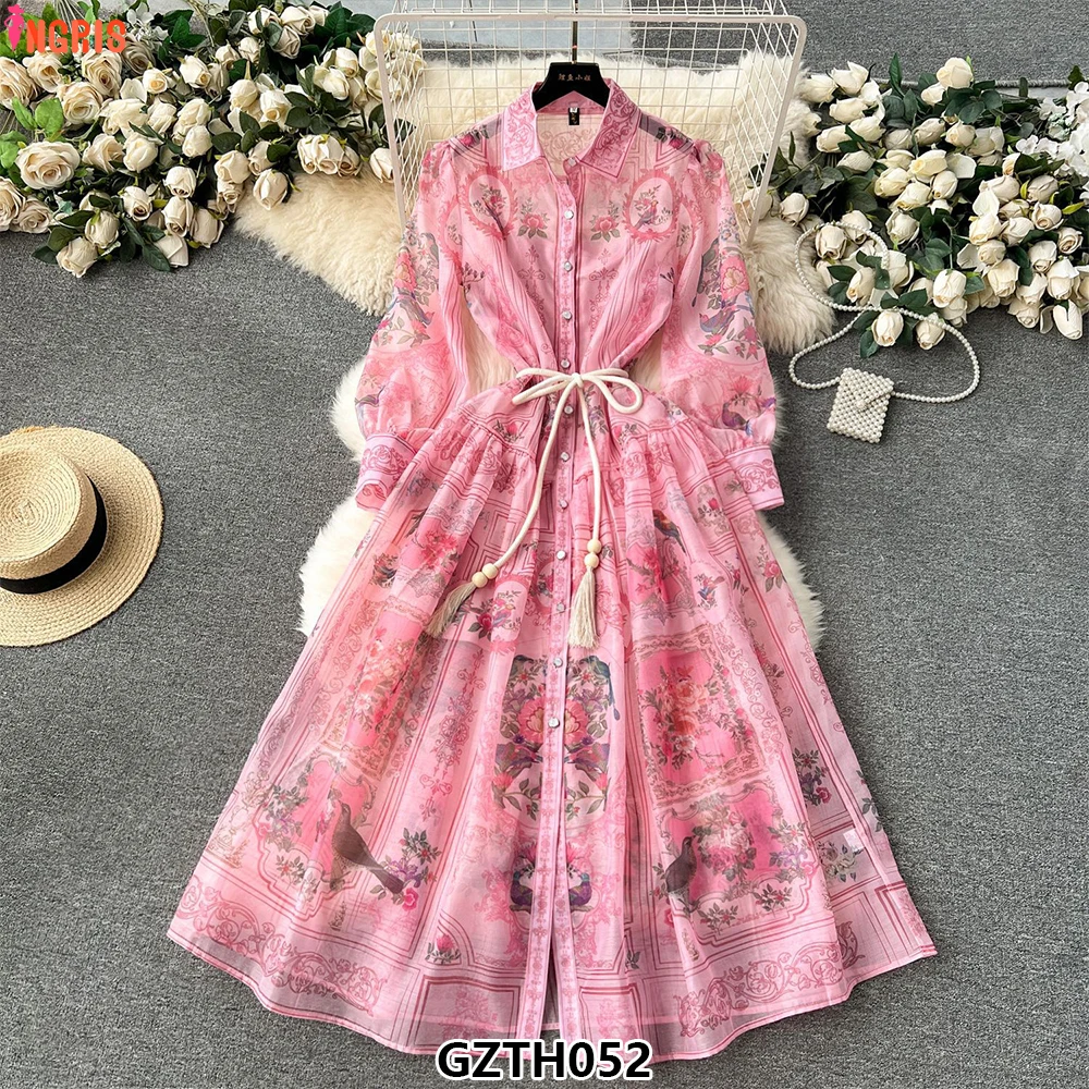 

Casual Dresses Elegant Printed Women Summer Dresses New Style Waisted Slimming Long Skirt Dresses Women-GZTH052