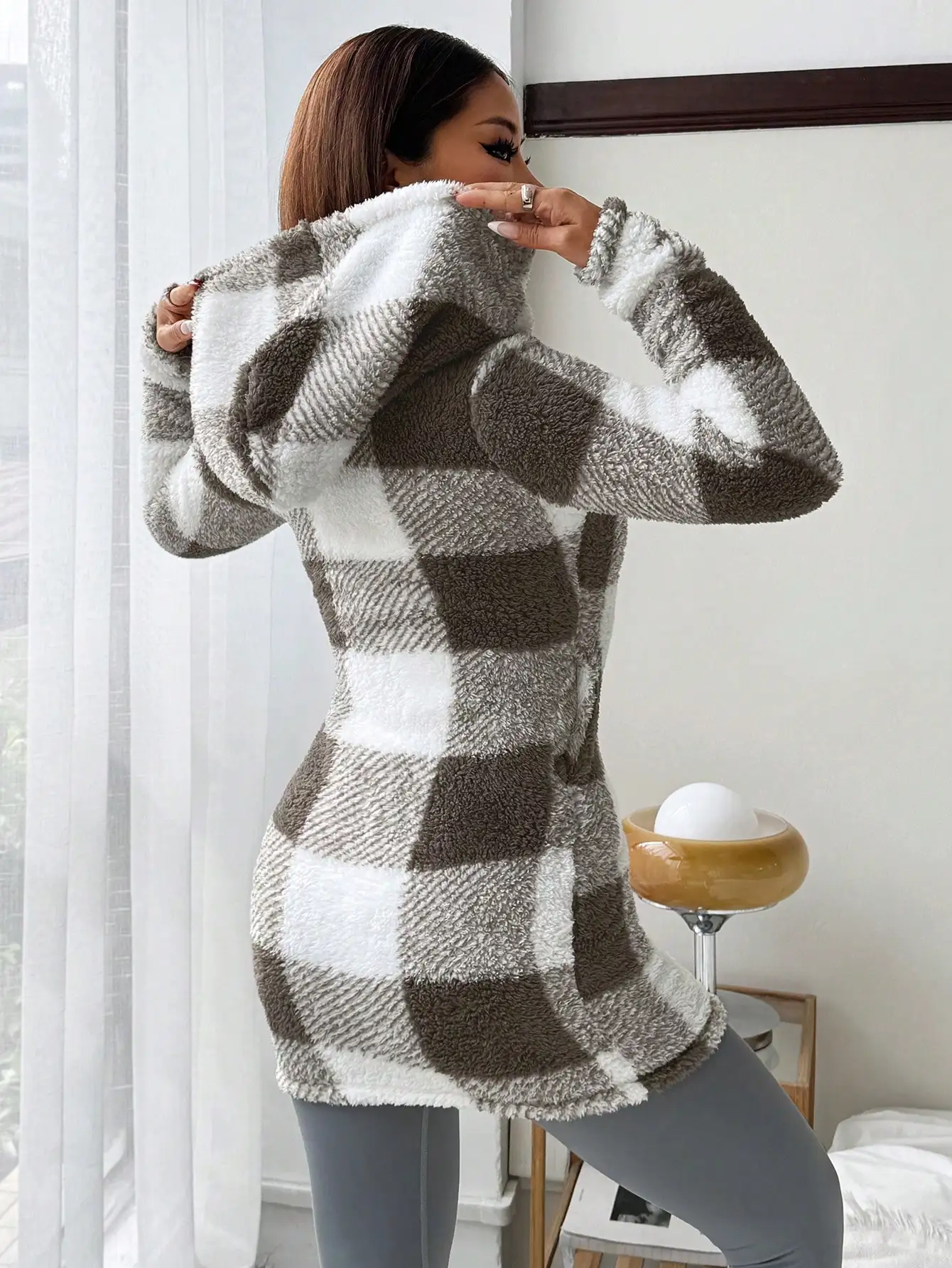 سترة منقوشة بغطاء للرأس بسحاب للنساء، ملابس خارجية كاجوال مريحة للخريف والشتاء