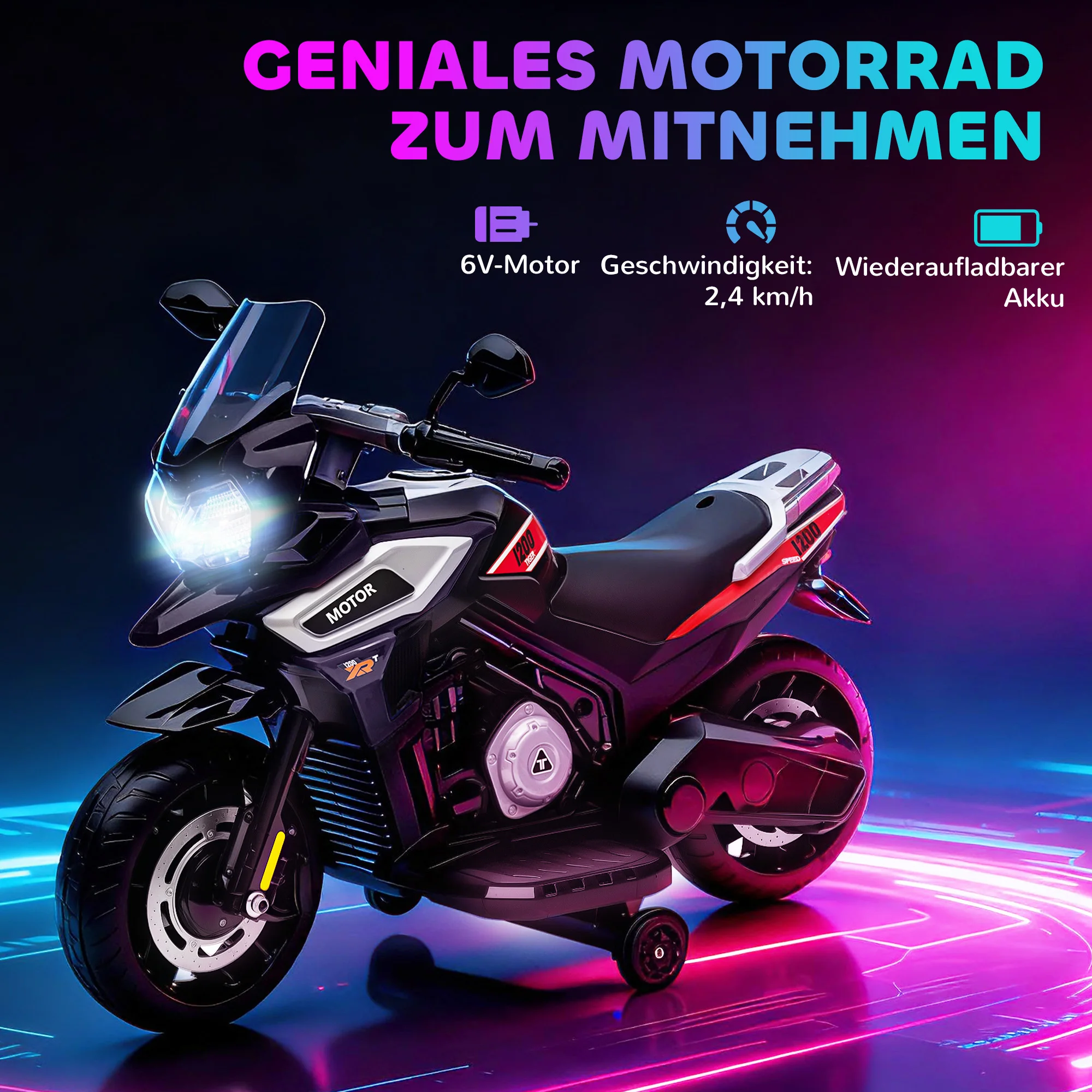 Moto eléctrica para niños de 18 a 36 meses, bicicleta para montar, eje auxiliar, luz, música, plástico, acero, negro