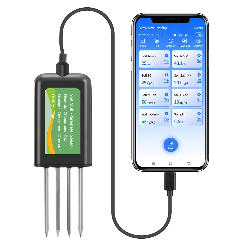 

High Accuracy Soil Analyzer 8-in-1 Soil Sensor with USB for EC, PH, NPK, Moisture, Temperature & Salinity