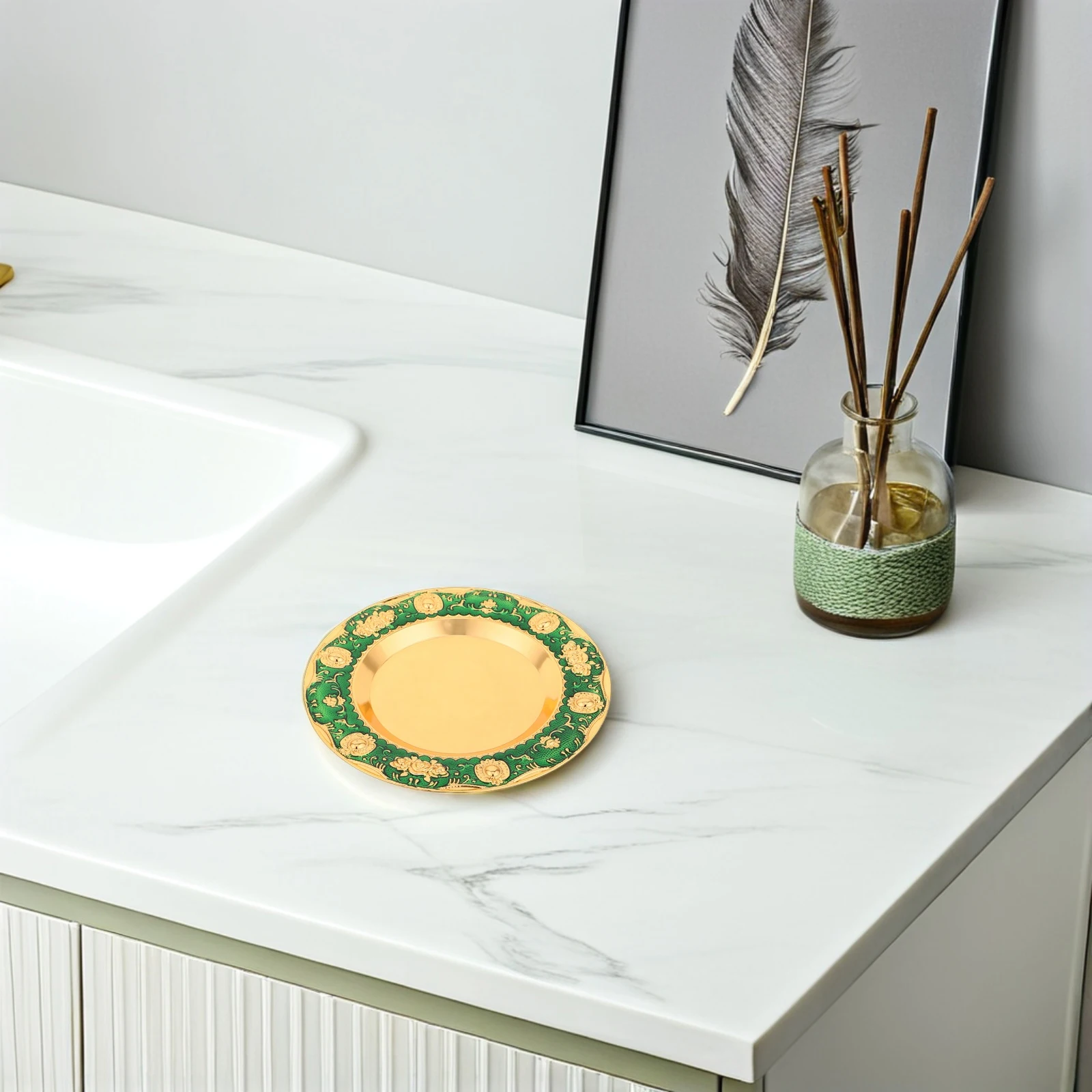 

European Style Decorative Round Serving Tray Circular Tray Circular Serving Kitchen Barware Green Round Platter