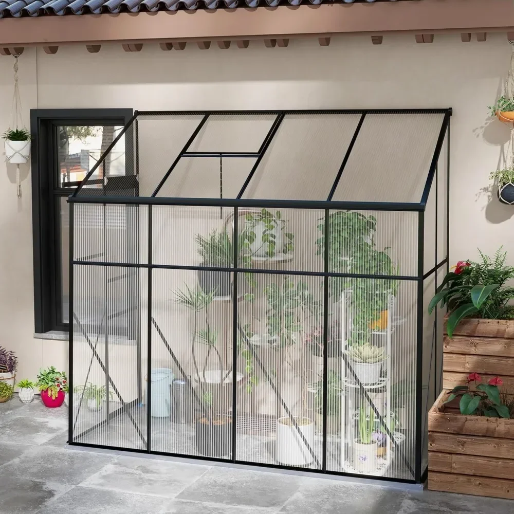 Lean-to PolyCarbonate Greenhouse, Walk-in Greenhouse w/Sliding Door, 5-Level Roof Vent, Rain Gutter, Aluminum Frame & Foundation