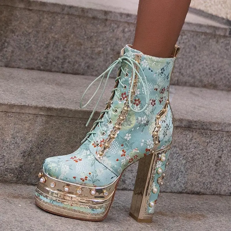 Luxury High Pearl Studs Platform Flower Embroidery Silk Ankle Boots 14CM Chunky Heel Jeweled Beads Lace-Up Boots
