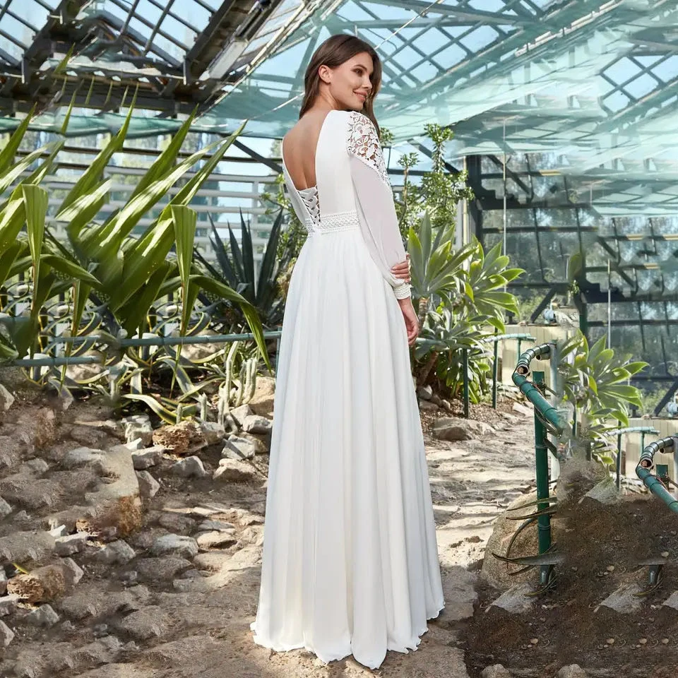 Op Maat Gemaakte Boho Chiffon Trouwjurk Strand Bruidsjurken Met Lange Mouwen Appliques Elegante Prinses Feestjurken Met Kant