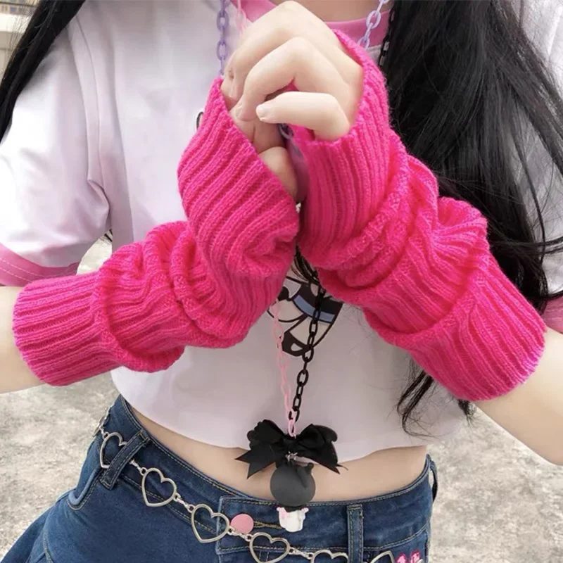 Knitted Long Fingerless Gloves Women Mitten Winter Y2K Solid Arm Warmer Sleeves Fashion Casual Soft Girls Clothes Punk Glove