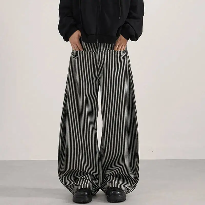 IEFB الخريف سراويل تقليدية رجالية شريط عمودي واسعة الساق جيب التباين اللون الرجالي فضفاض خمر سكين منحني أسفل 9W4187