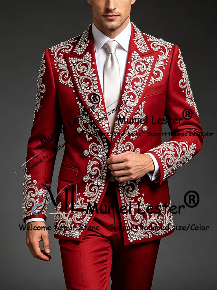 Exquisite Red Wedding Suit For Man Sparkly Rhinestone Beaded Prom Blazers Customized 2 Pieces Groom Tuxedos Trajes Para Hombre