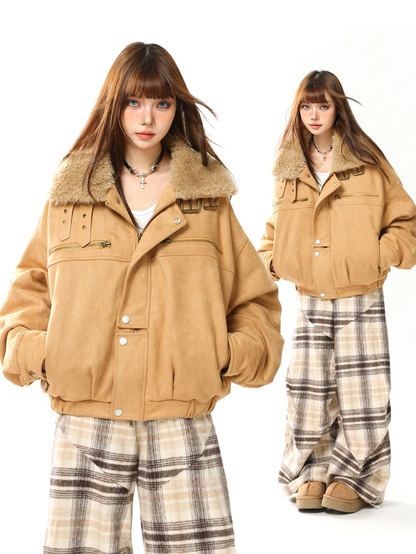 

AONW American Sle ort Cotton Jaet Women's Casual Stand Collar Retro Workwear Suede Coat Long Sve Color